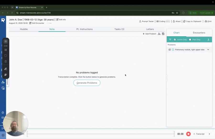 Stream after a visit transcription completes, offering to generate problems from the encounter